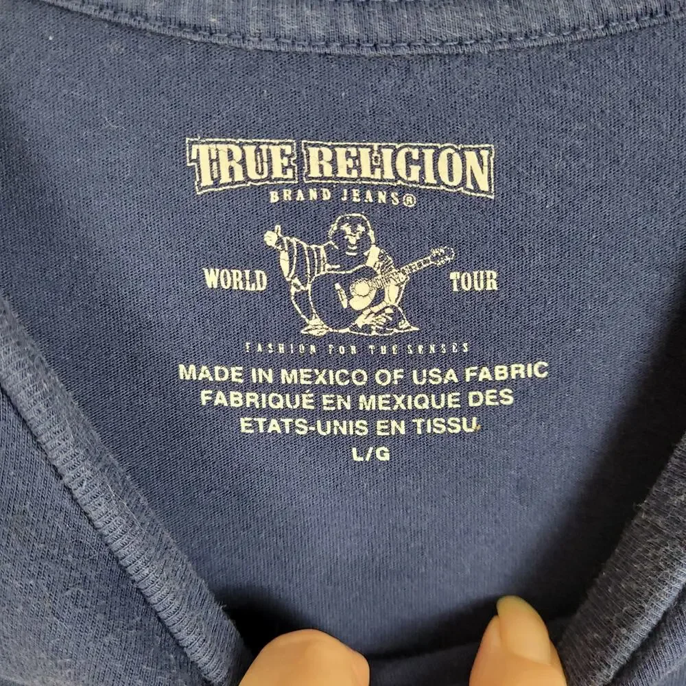 True Religion mens blue short sleeved retro logo graphic t-shirt Size Large